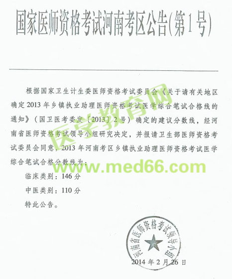 河南省2013年鄉(xiāng)鎮(zhèn)執(zhí)業(yè)助理醫(yī)師考試分?jǐn)?shù)線(xiàn)