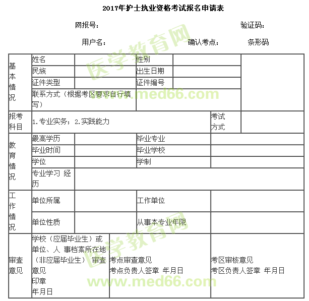 2017年護士考試報名申請表