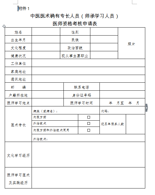 2018年中醫(yī)醫(yī)術(shù)確有專長人員（師承學(xué)習(xí)人員）醫(yī)師資格考核申請表