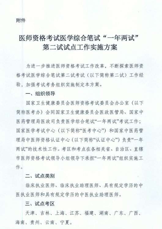 國(guó)家衛(wèi)健委關(guān)于在天津等12個(gè)考區(qū)開(kāi)展“一年兩試”試點(diǎn)工作的通知！